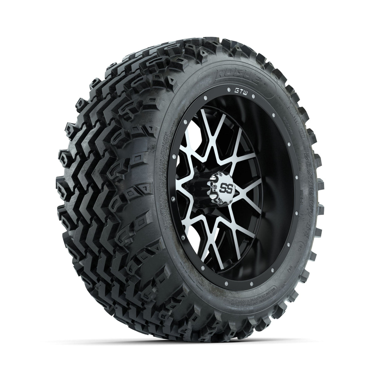 GTW Vortex Machined/Matte Black 14 in Wheels with 23x10.00-14 Rogue All Terrain Tires Full Set