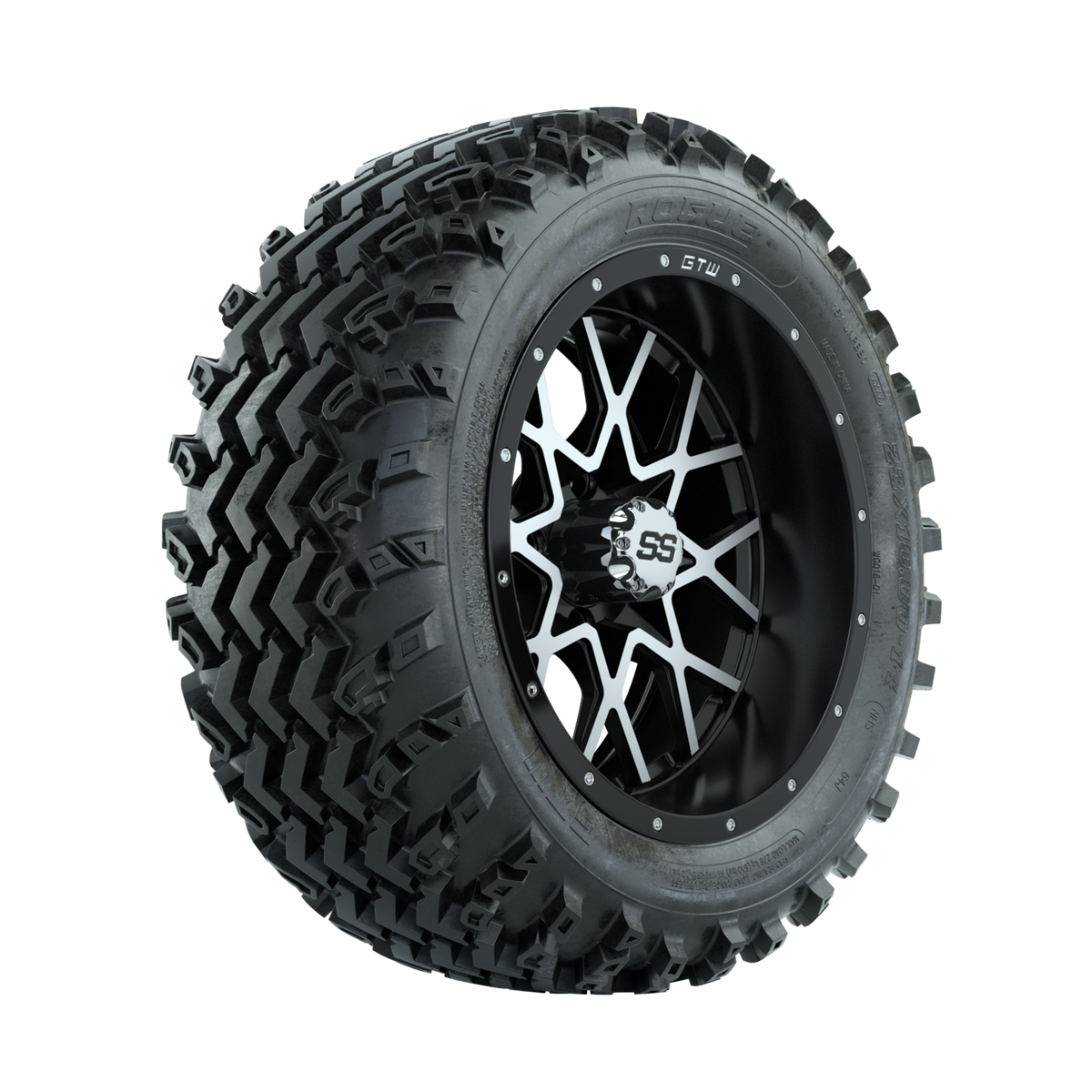 GTW Vortex Machined/Matte Black 14 in Wheels with 23x10.00-14 Rogue All Terrain Tires Full Set