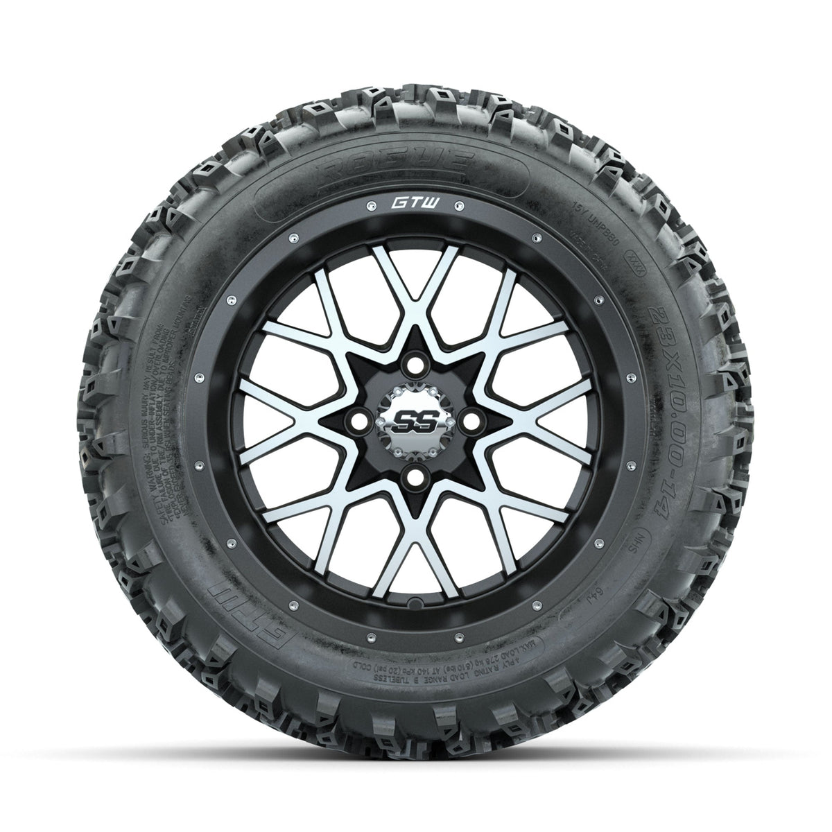 GTW Vortex Machined/Matte Grey 14 in Wheels with 23x10.00-14 Rogue All Terrain Tires Full Set