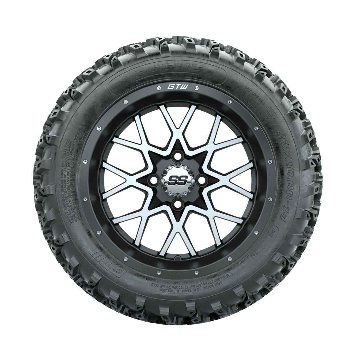 GTW Vortex Machined/Matte Grey 14 in Wheels with 23x10.00-14 Rogue All Terrain Tires Full Set