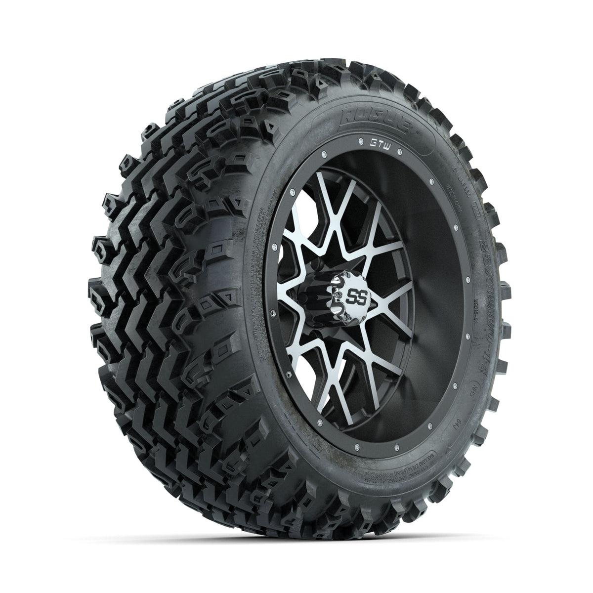 GTW Vortex Machined/Matte Grey 14 in Wheels with 23x10.00-14 Rogue All Terrain Tires Full Set