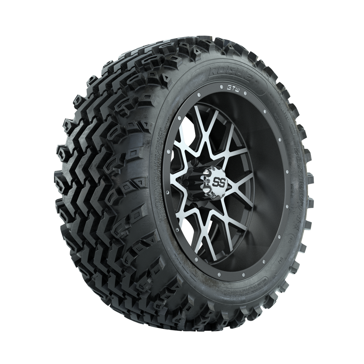 GTW Vortex Machined/Matte Grey 14 in Wheels with 23x10.00-14 Rogue All Terrain Tires Full Set