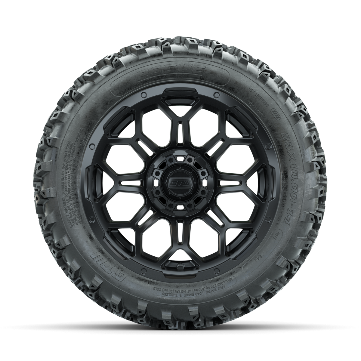 GTW Bravo Matte Black 14 in Wheels with 23x10.00-14 Rogue All Terrain Tires Full Set