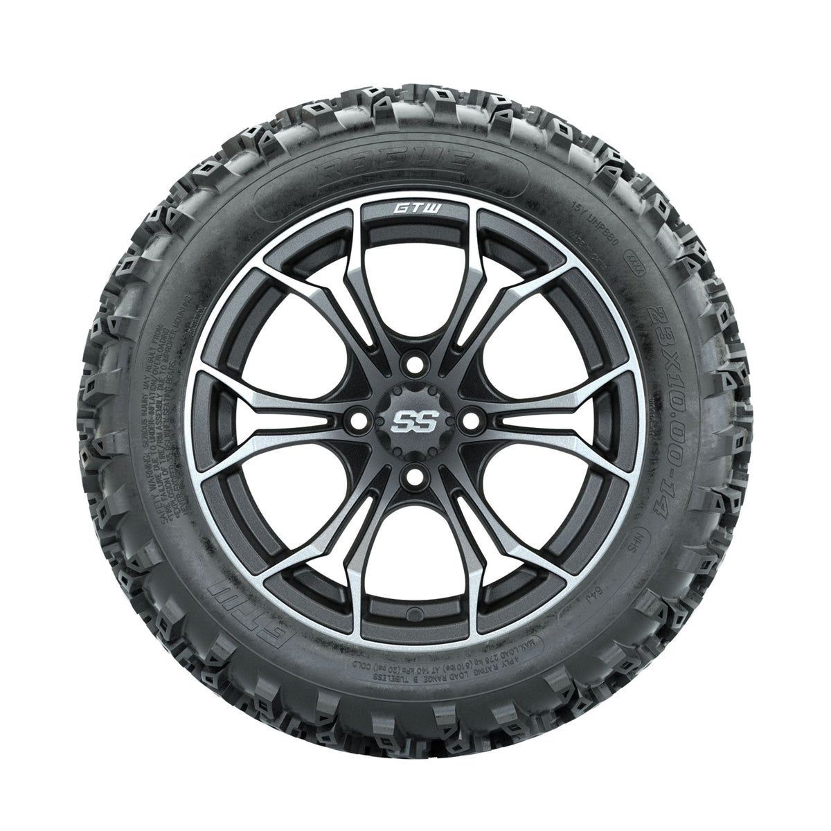 GTW Spyder Machined/Grey 14 in Wheels with 23x10.00-14 Rogue All Terrain Tires Full Set