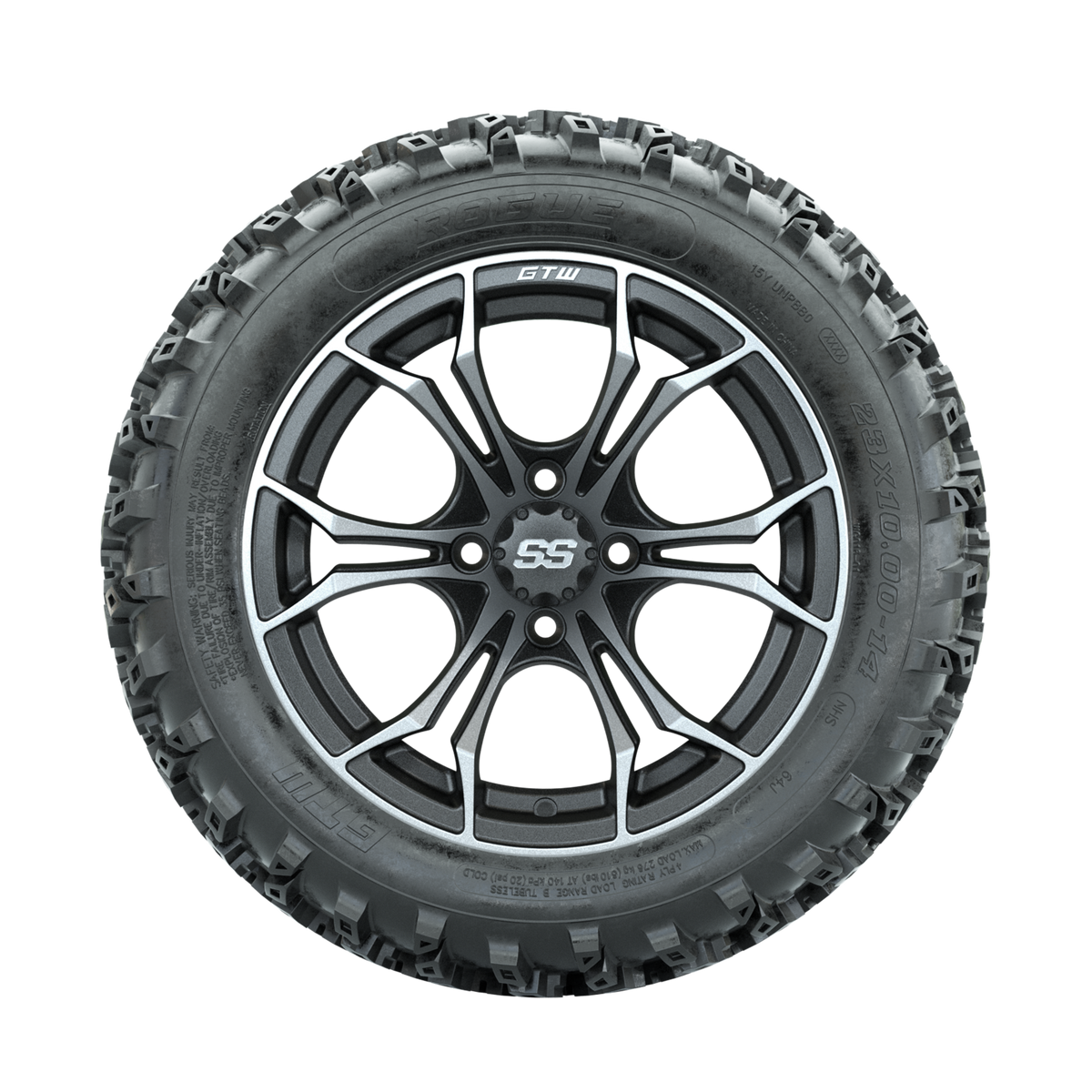 GTW Spyder Machined/Grey 14 in Wheels with 23x10.00-14 Rogue All Terrain Tires Full Set