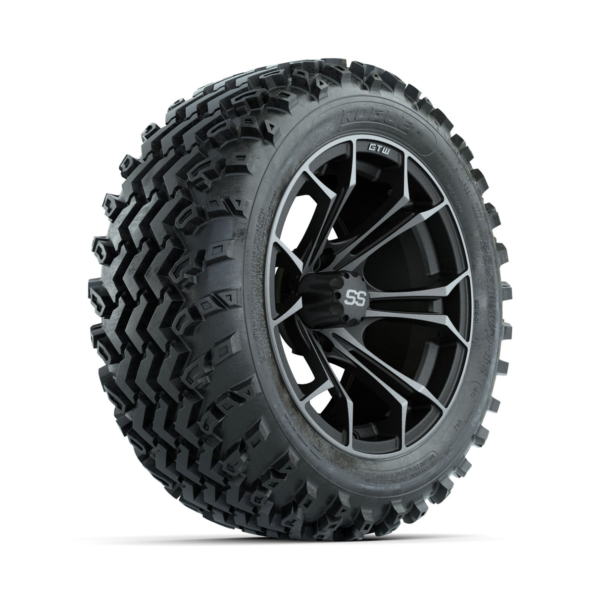 GTW Spyder Machined/Grey 14 in Wheels with 23x10.00-14 Rogue All Terrain Tires Full Set