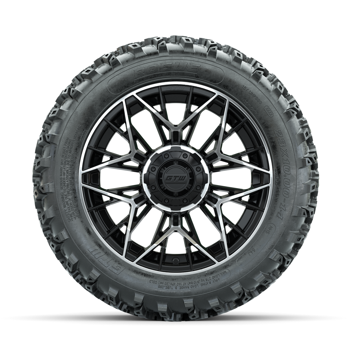 GTW Stellar Machined/Black 14 in Wheels with 23x10.00-14 Rogue All Terrain Tires Full Set