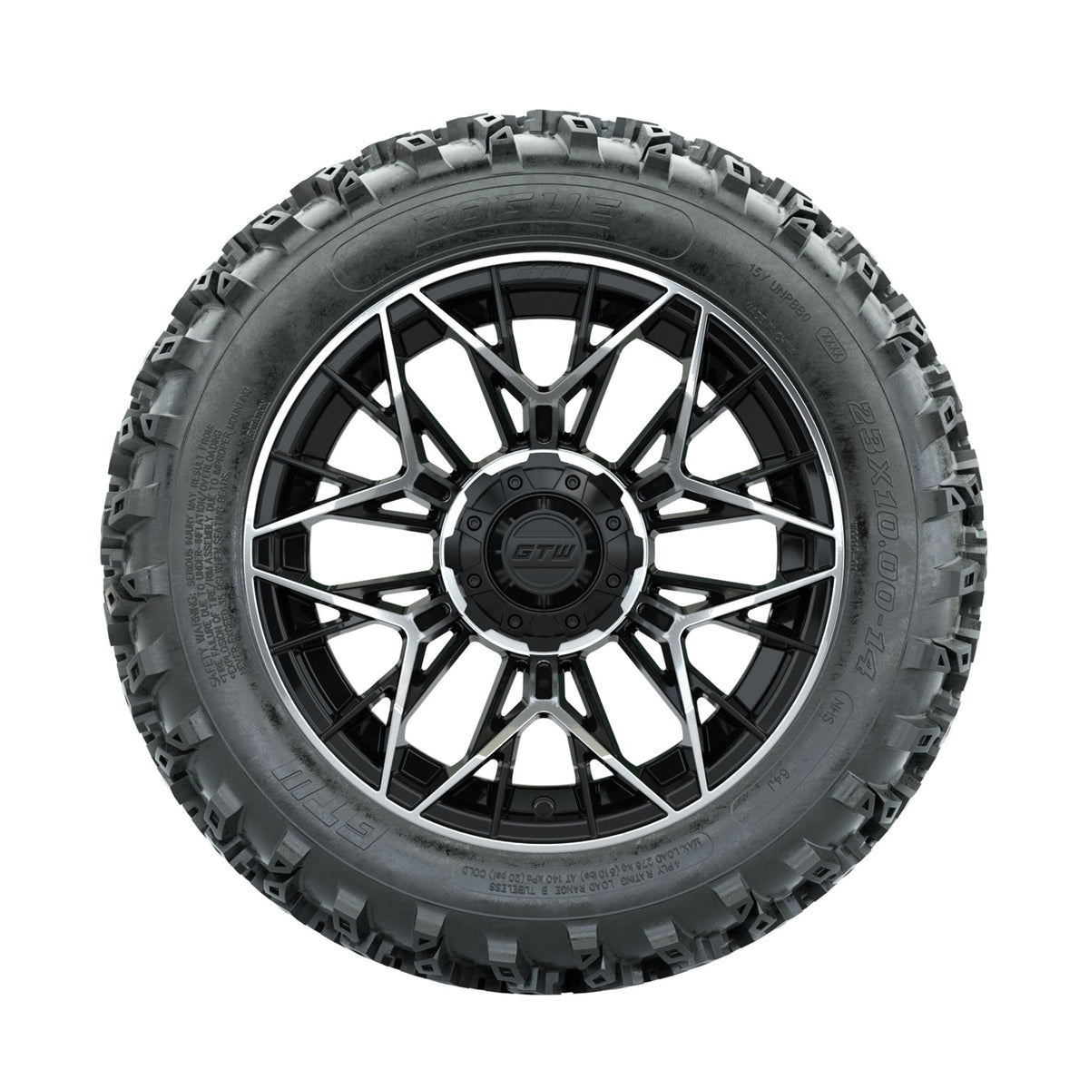 GTW Stellar Machined/Black 14 in Wheels with 23x10.00-14 Rogue All Terrain Tires Full Set