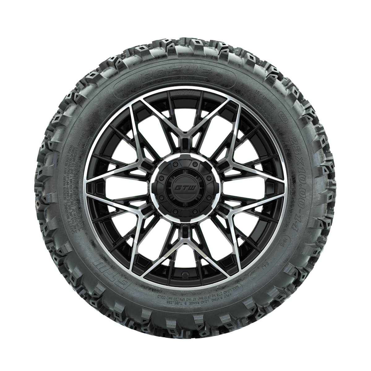 GTW Stellar Machined/Black 14 in Wheels with 23x10.00-14 Rogue All Terrain Tires Full Set