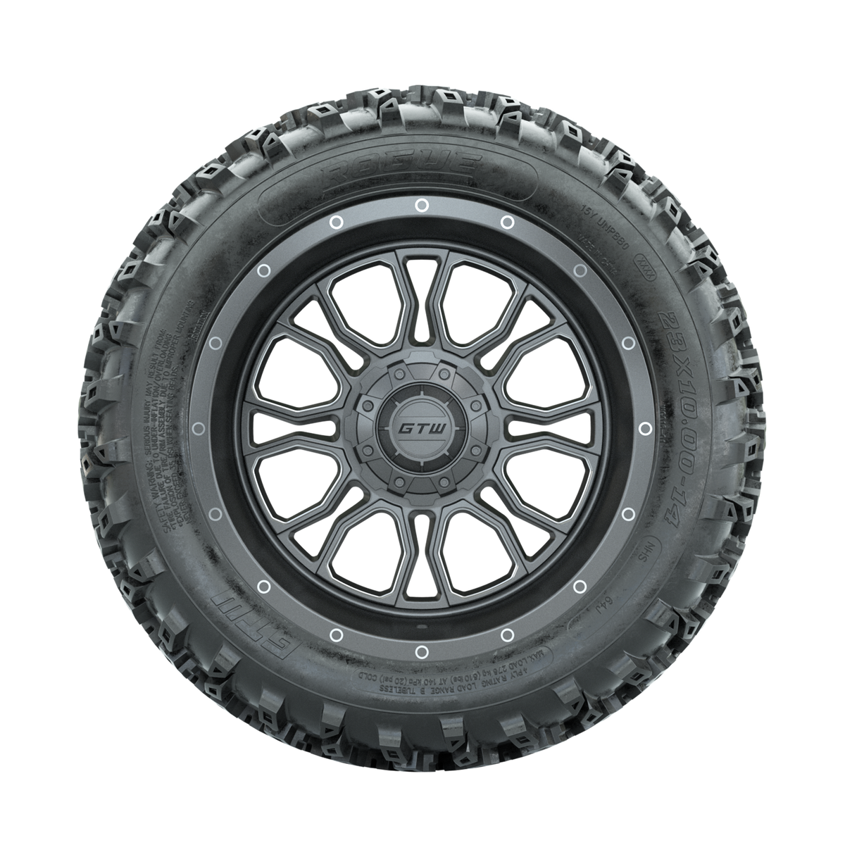 GTW Volt Gunmetal/Machined 14 in Wheels with 23x10.00-14 Rogue All Terrain Tires Full Set