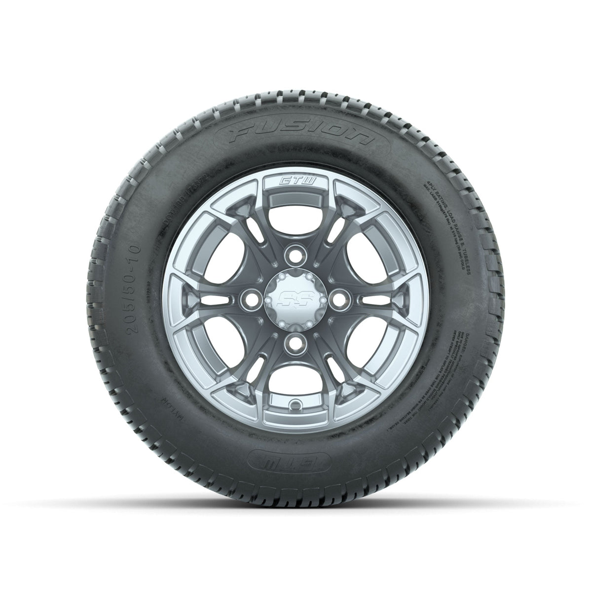 GTW Spyder Silver Brush 10 in Wheels with 205/50-10 Fusion Street Tires Full Set