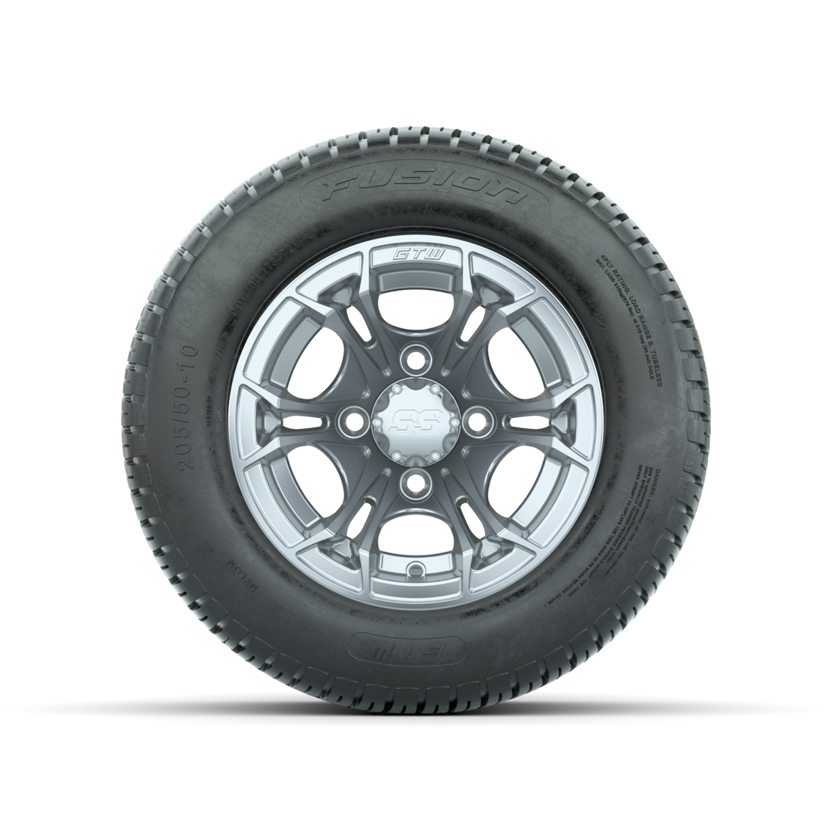 GTW Spyder Silver Brush 10 in Wheels with 205/50-10 Fusion Street Tires Full Set