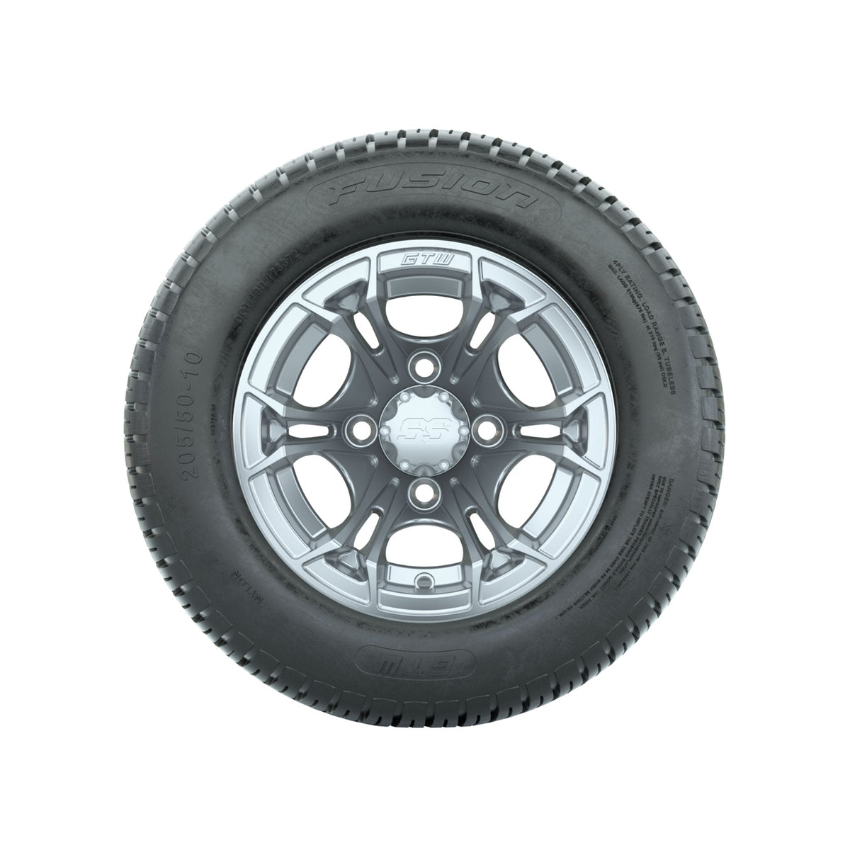GTW Spyder Silver Brush 10 in Wheels with 205/50-10 Fusion Street Tires Full Set