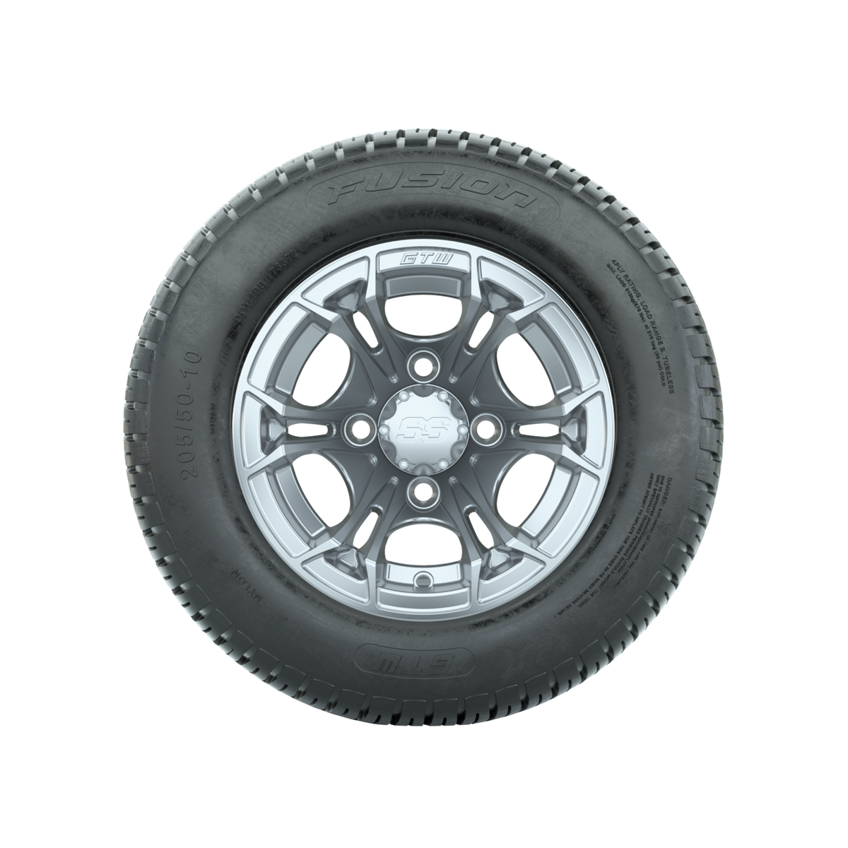 GTW Spyder Silver Brush 10 in Wheels with 205/50-10 Fusion Street Tires Full Set