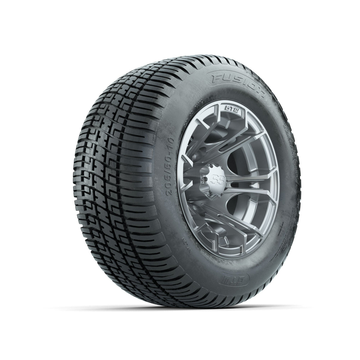 GTW Spyder Silver Brush 10 in Wheels with 205/50-10 Fusion Street Tires Full Set