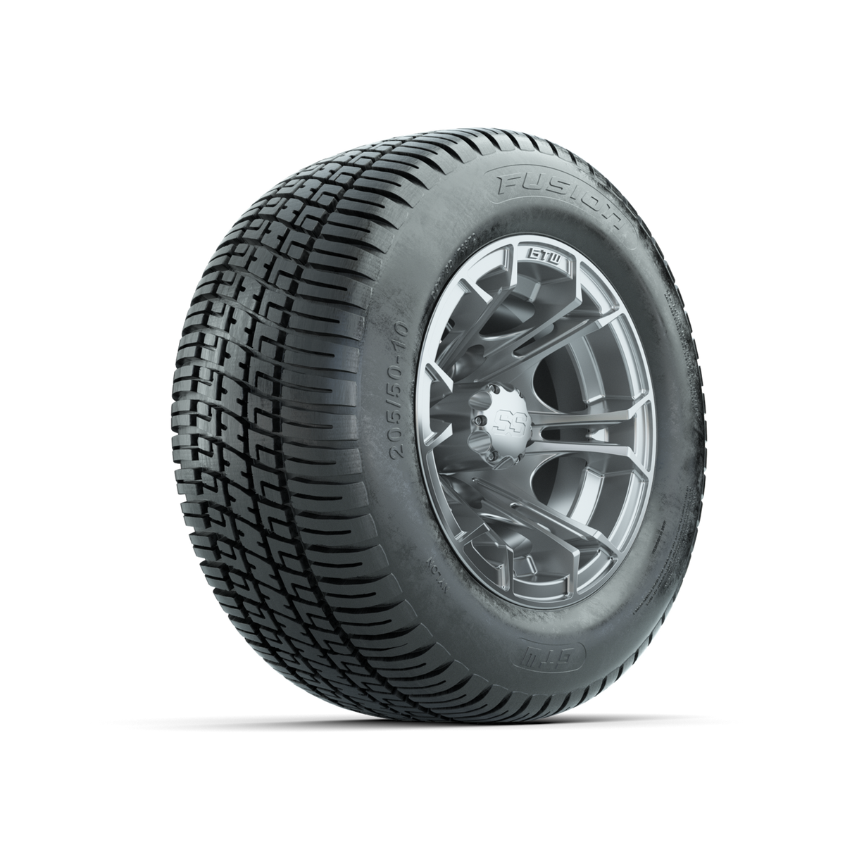 GTW Spyder Silver Brush 10 in Wheels with 205/50-10 Fusion Street Tires Full Set