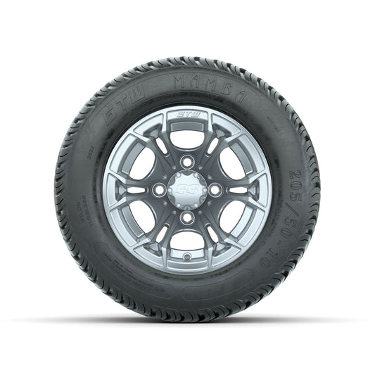 GTW Spyder Silver Brush 10 in Wheels with 205/50-10 Mamba Street Tires Full Set