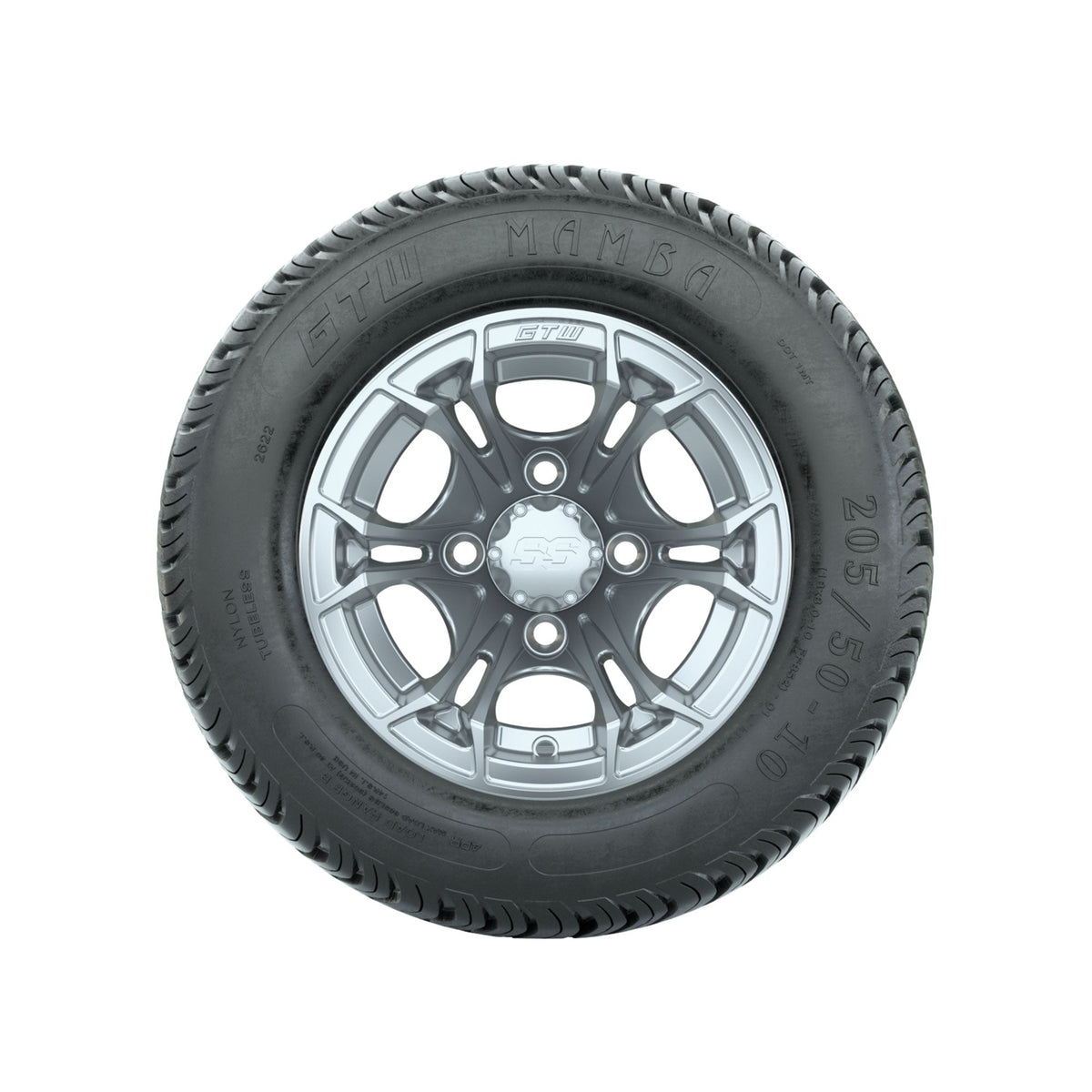 GTW Spyder Silver Brush 10 in Wheels with 205/50-10 Mamba Street Tires Full Set
