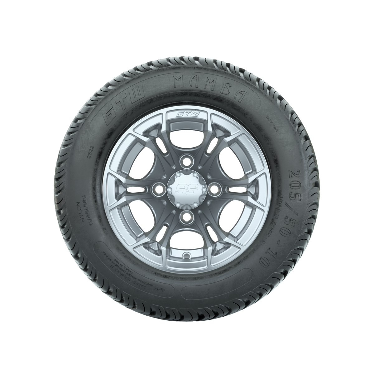 GTW Spyder Silver Brush 10 in Wheels with 205/50-10 Mamba Street Tires Full Set