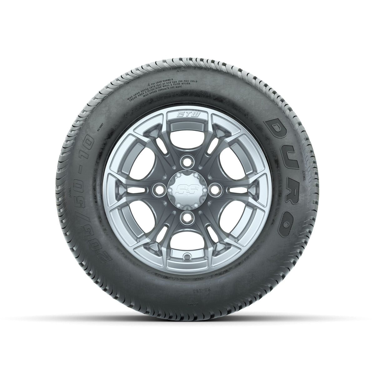 GTW Spyder Silver Brush 10 in Wheels with 205/50-10 Duro Low-profile Tires Full Set
