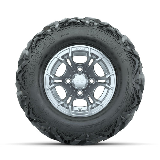 GTW Spyder Silver Brush 10 in Wheels with 20x10-10 Barrage Mud Tires Full Set