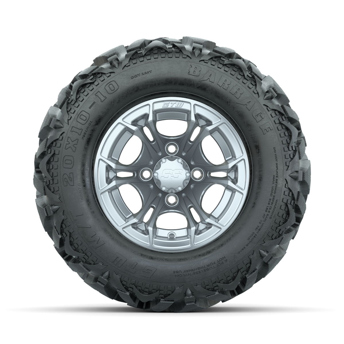 GTW Spyder Silver Brush 10 in Wheels with 20x10-10 Barrage Mud Tires Full Set