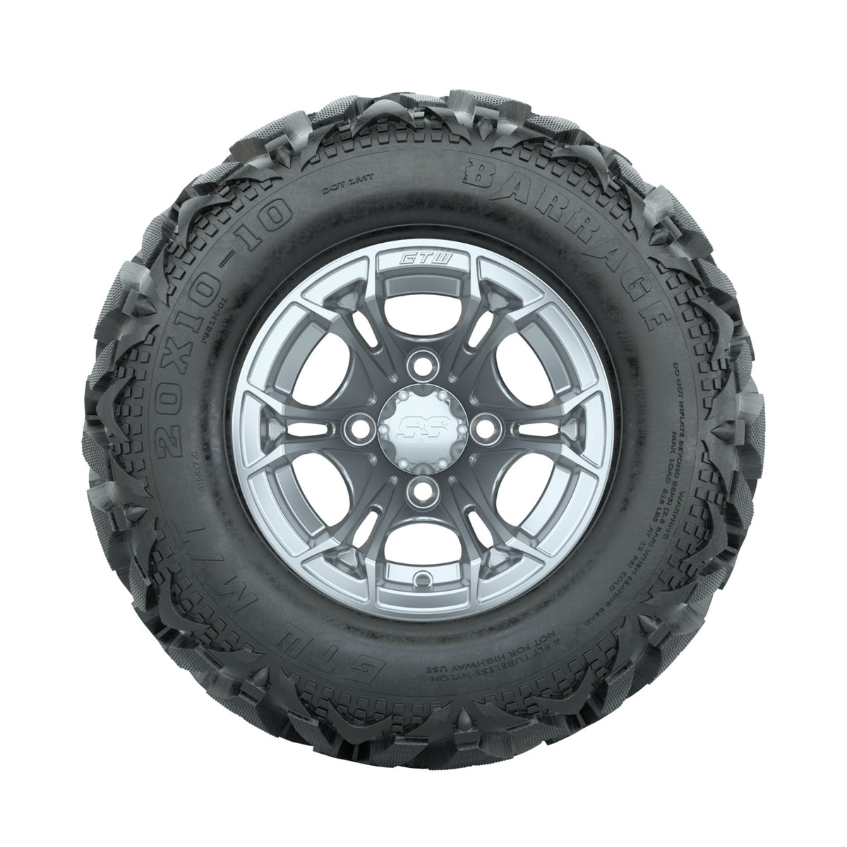 GTW Spyder Silver Brush 10 in Wheels with 20x10-10 Barrage Mud Tires Full Set