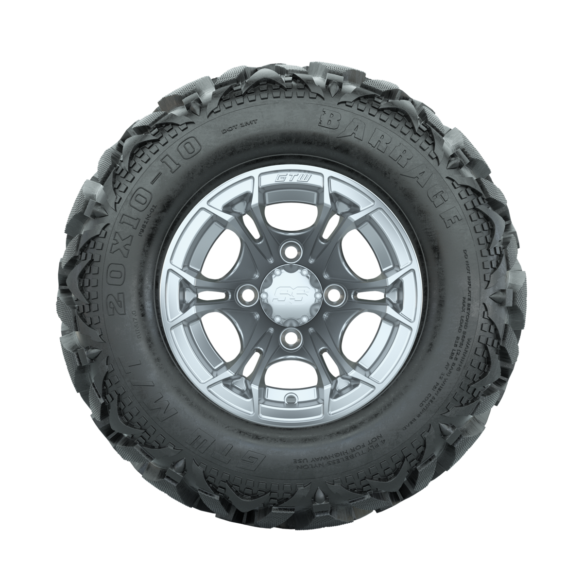 GTW Spyder Silver Brush 10 in Wheels with 20x10-10 Barrage Mud Tires Full Set