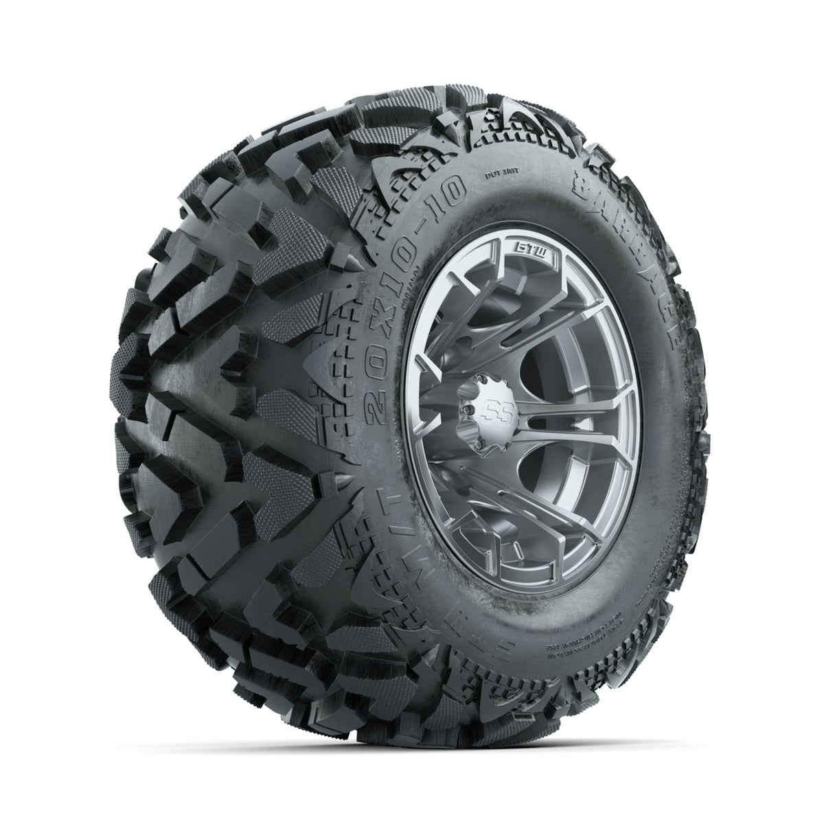 GTW Spyder Silver Brush 10 in Wheels with 20x10-10 Barrage Mud Tires Full Set
