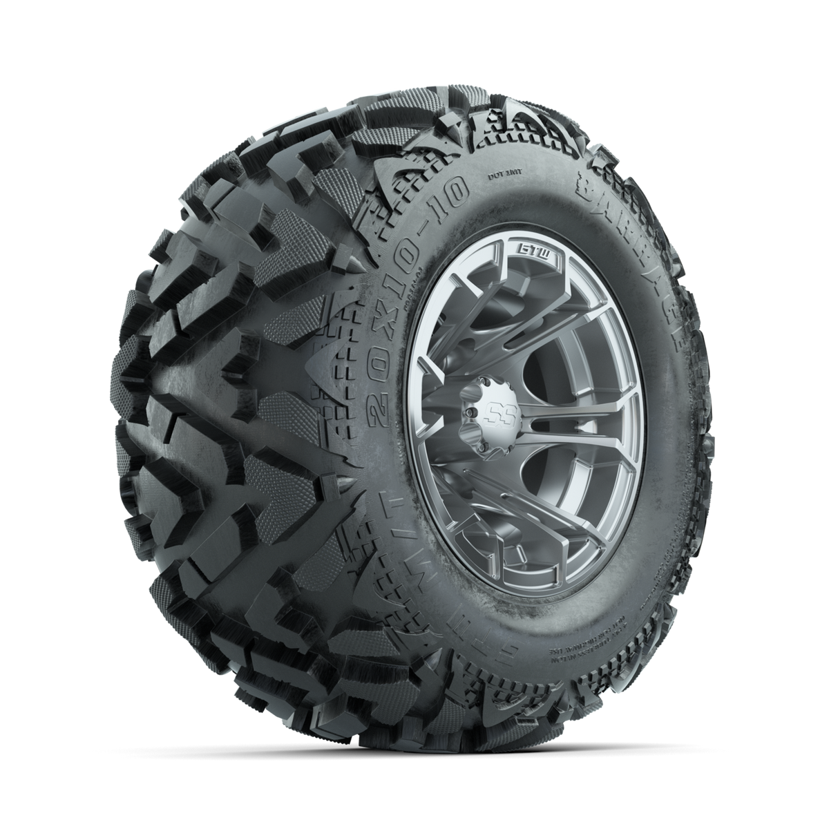 GTW Spyder Silver Brush 10 in Wheels with 20x10-10 Barrage Mud Tires Full Set
