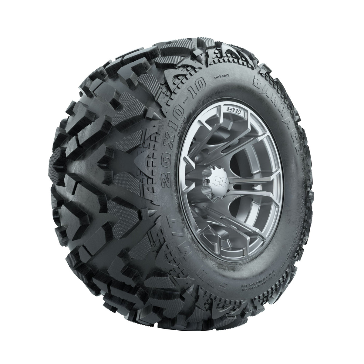 GTW Spyder Silver Brush 10 in Wheels with 20x10-10 Barrage Mud Tires Full Set