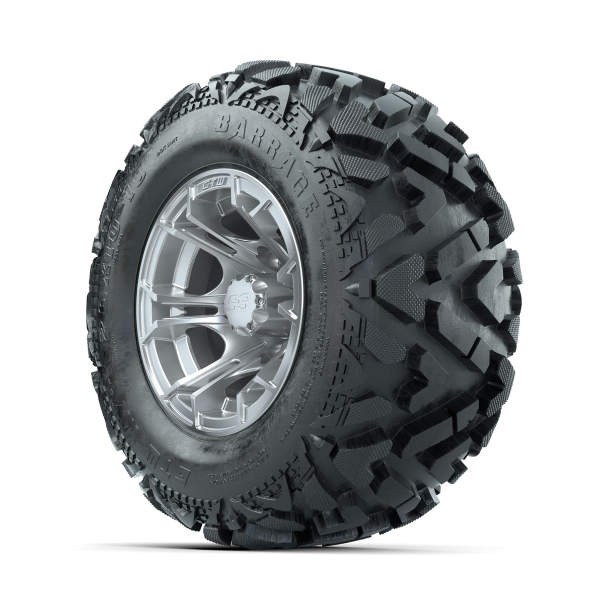 GTW Spyder Silver Brush 10 in Wheels with 20x10-10 Barrage Mud Tires Full Set