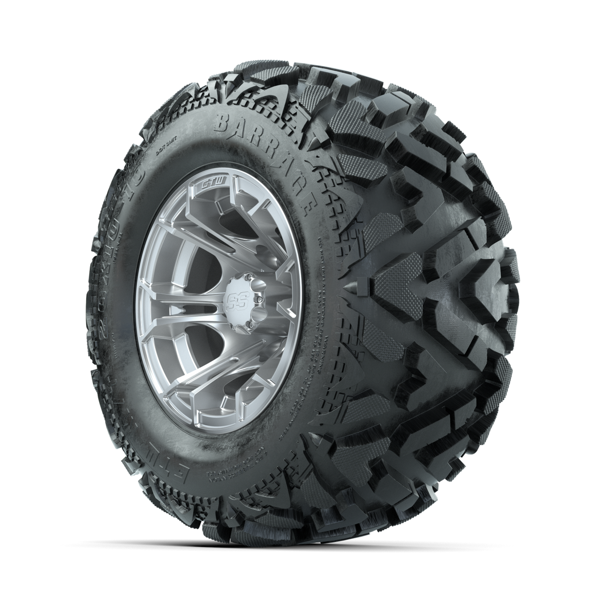GTW Spyder Silver Brush 10 in Wheels with 20x10-10 Barrage Mud Tires Full Set