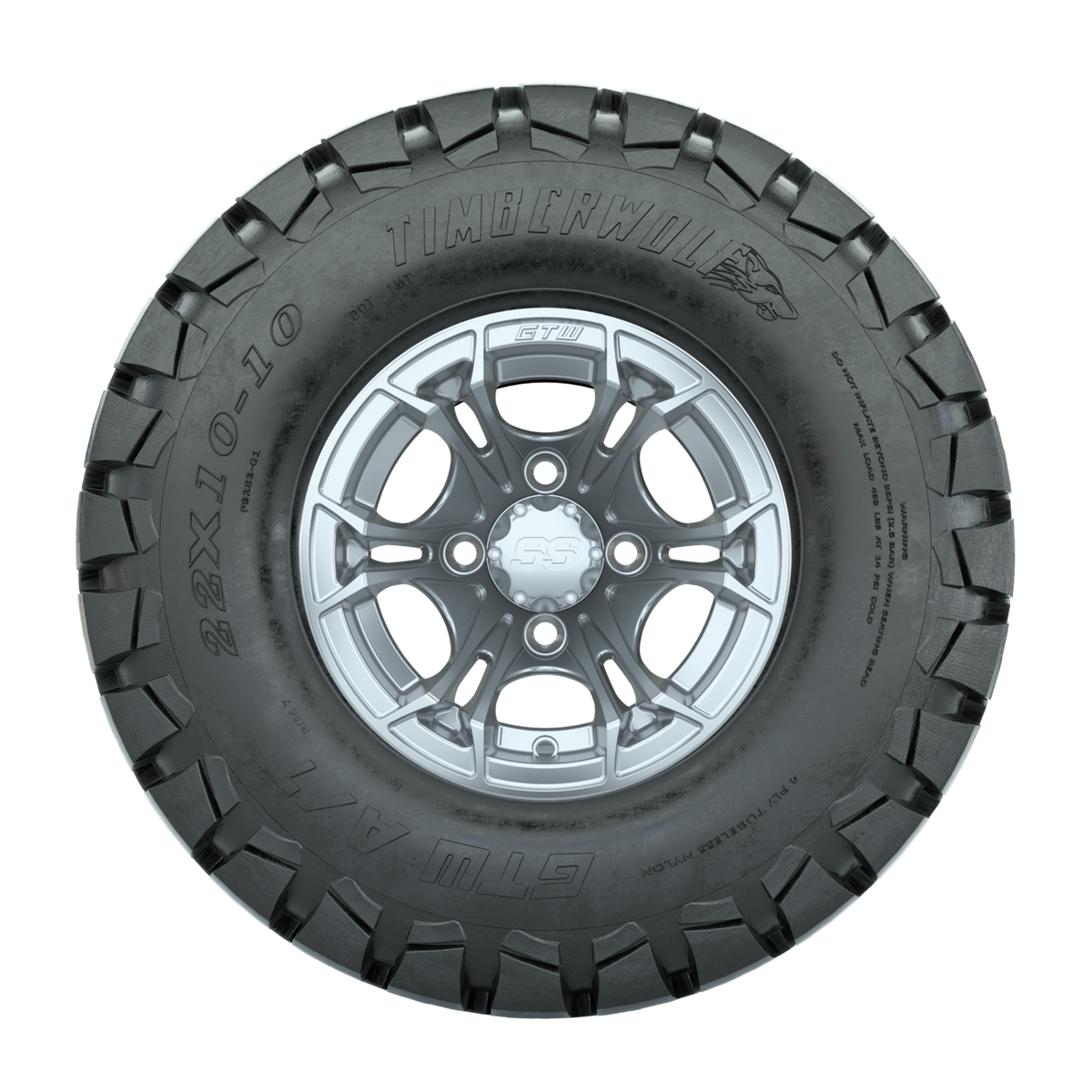 GTW Spyder Silver Brush 10" Wheels with 22x10-10 Timberwolf A/T Tires – Set of 4