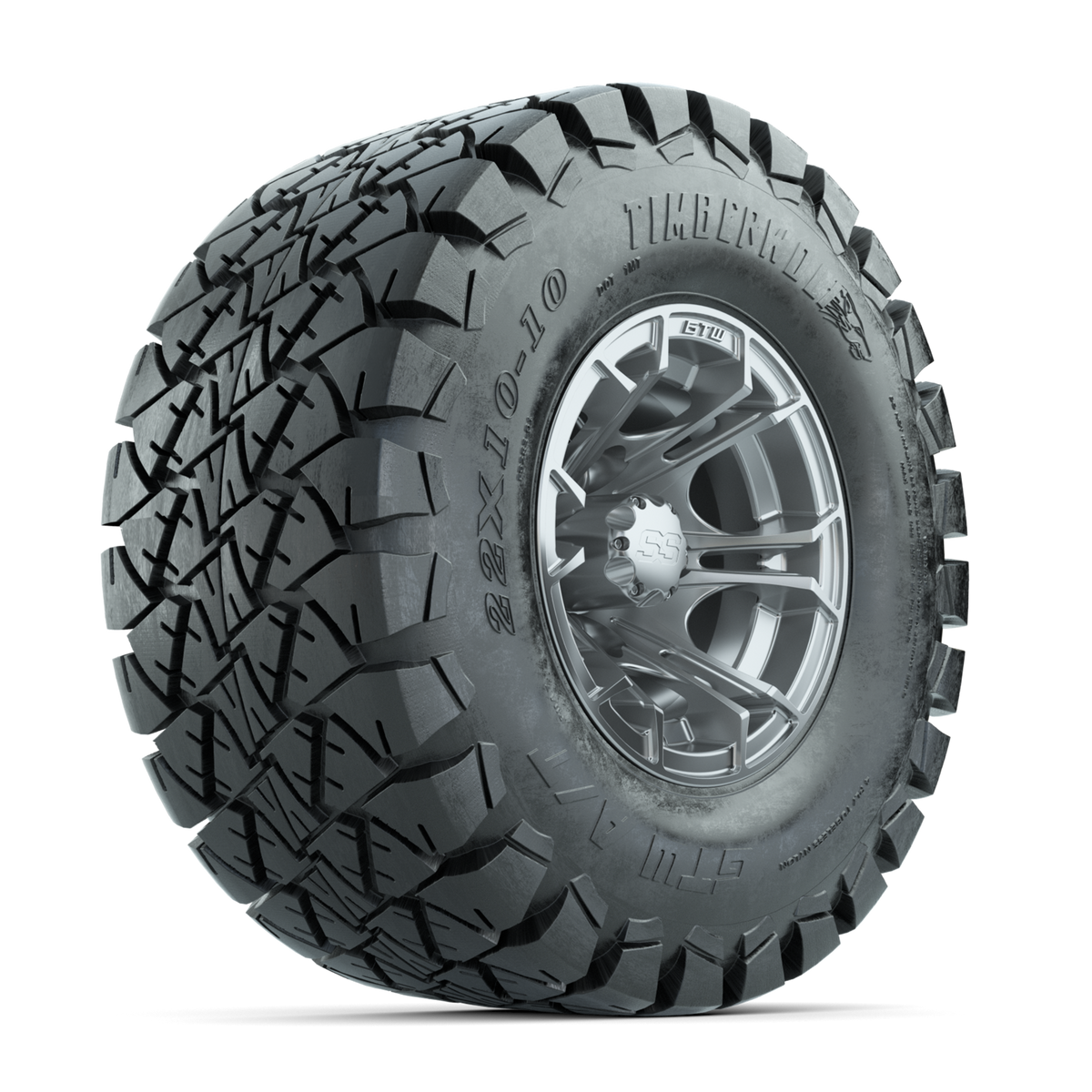 GTW Spyder Silver Brush 10" Wheels with 22x10-10 Timberwolf A/T Tires – Set of 4