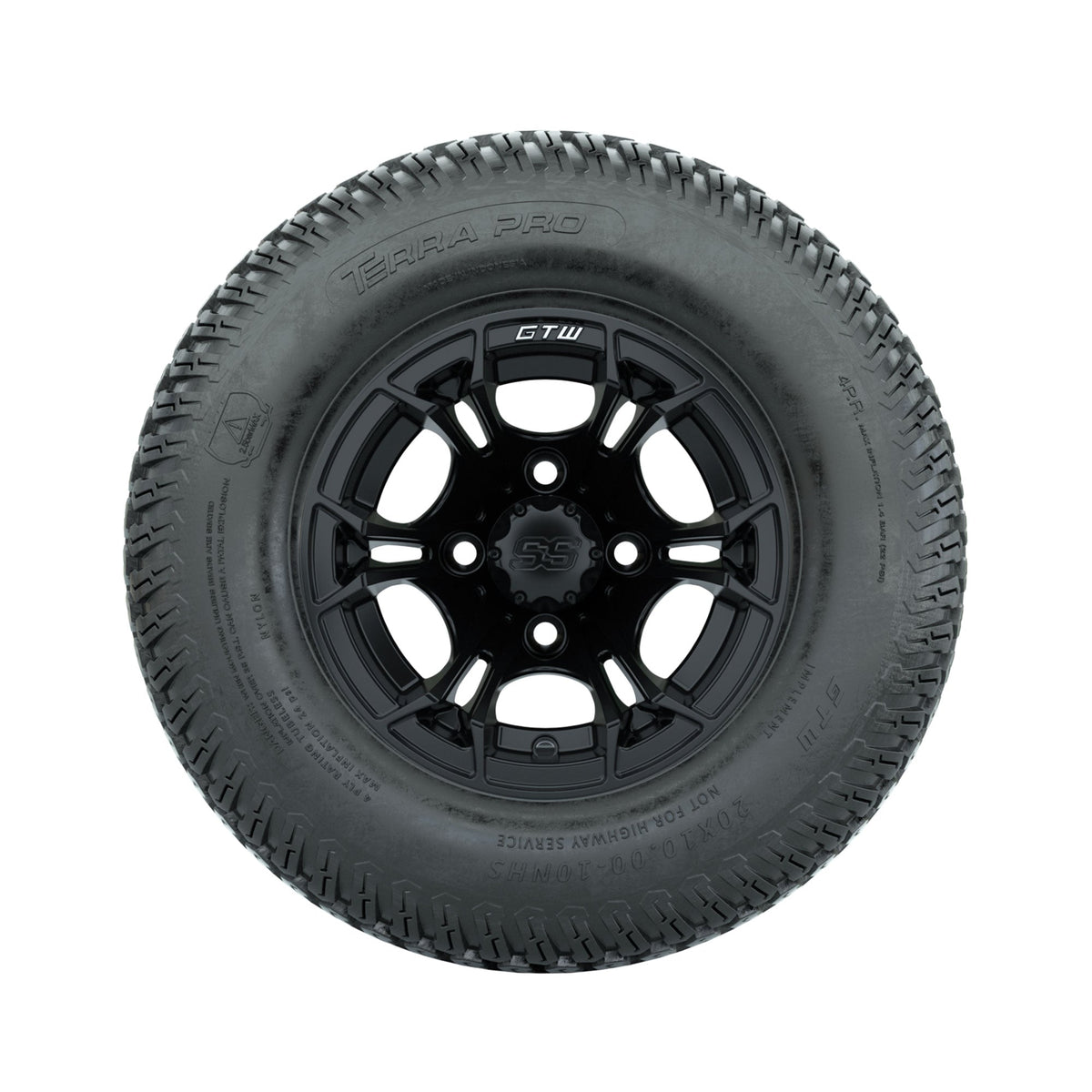 GTW Spyder Matte Black 10 in Wheels with 20x10-10 Terra Pro S-Tread Traction Tires Full Set