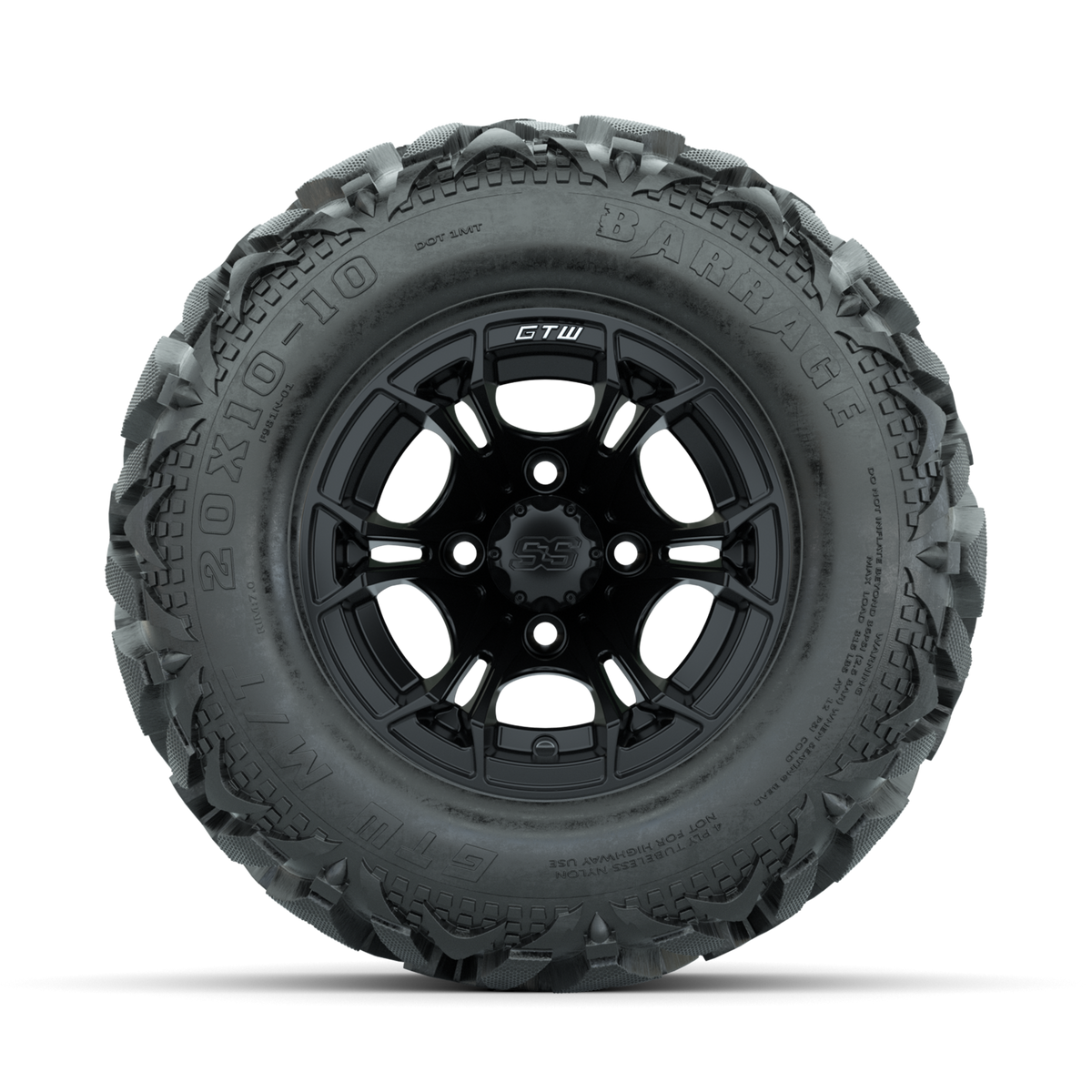 GTW Spyder Matte Black 10 in Wheels with 20x10-10 Barrage Mud Tires Full Set