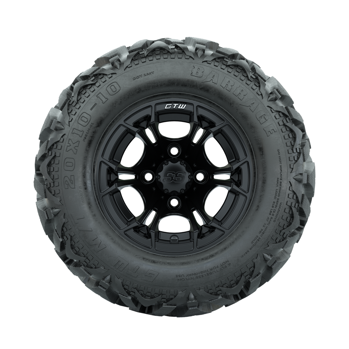 GTW Spyder Matte Black 10 in Wheels with 20x10-10 Barrage Mud Tires Full Set