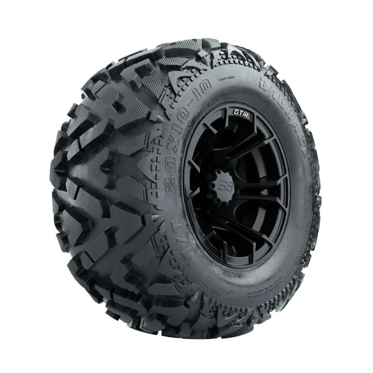 GTW Spyder Matte Black 10 in Wheels with 20x10-10 Barrage Mud Tires Full Set