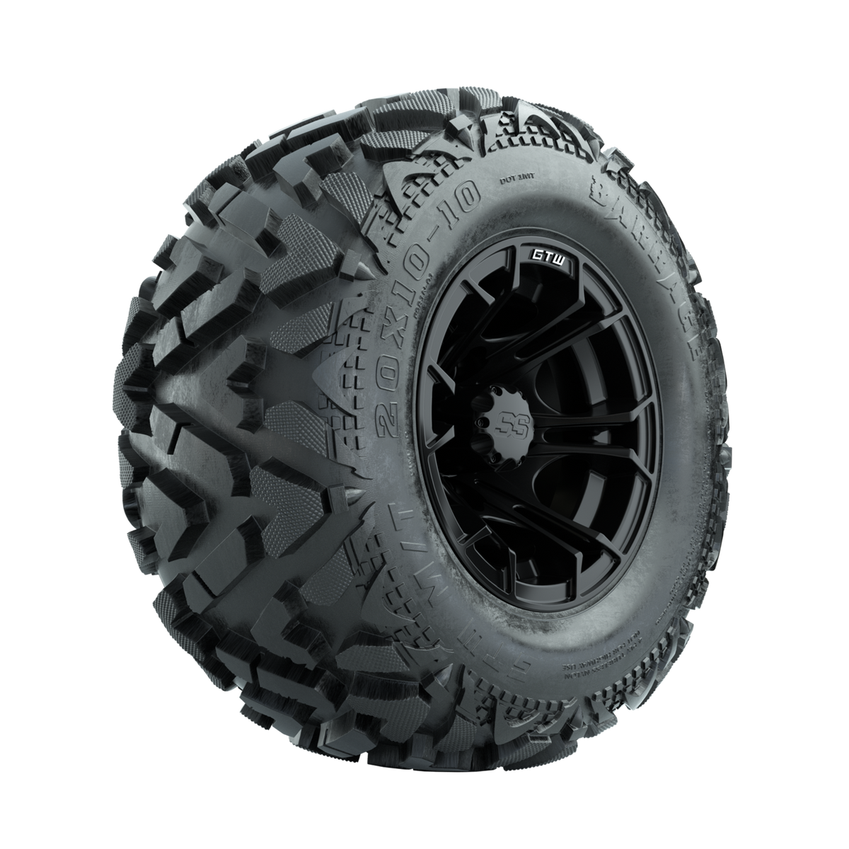 GTW Spyder Matte Black 10 in Wheels with 20x10-10 Barrage Mud Tires Full Set