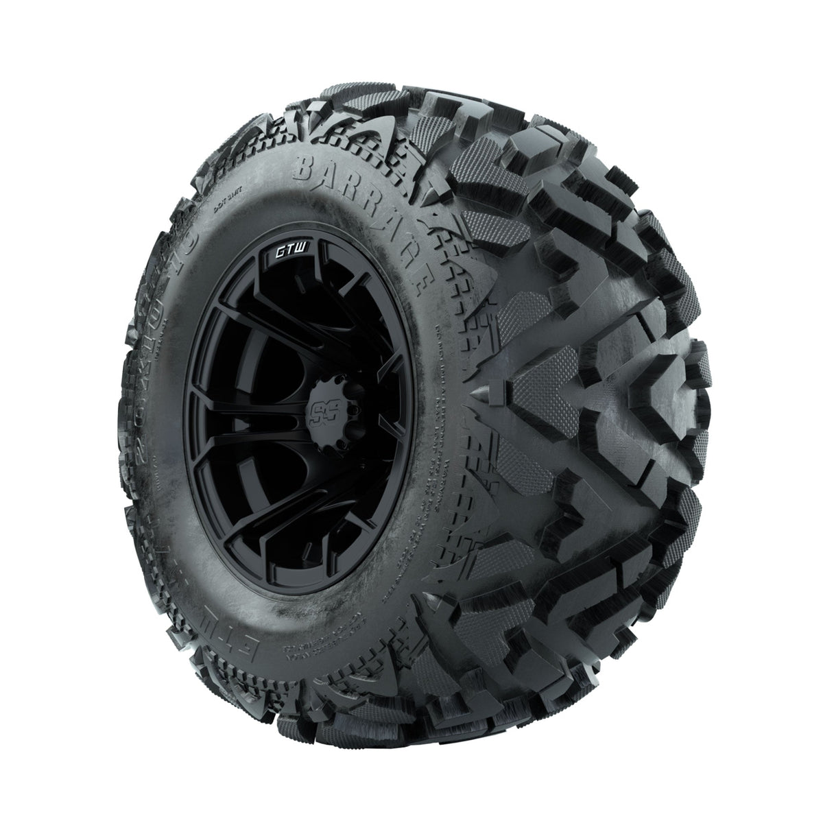 GTW Spyder Matte Black 10 in Wheels with 20x10-10 Barrage Mud Tires Full Set