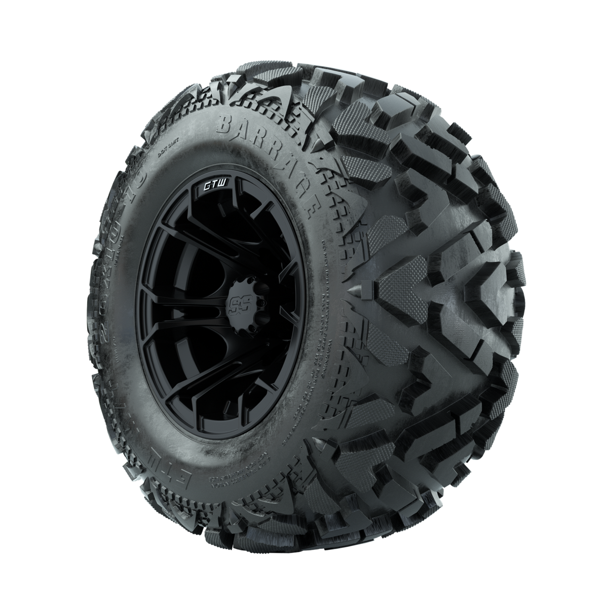 GTW Spyder Matte Black 10 in Wheels with 20x10-10 Barrage Mud Tires Full Set