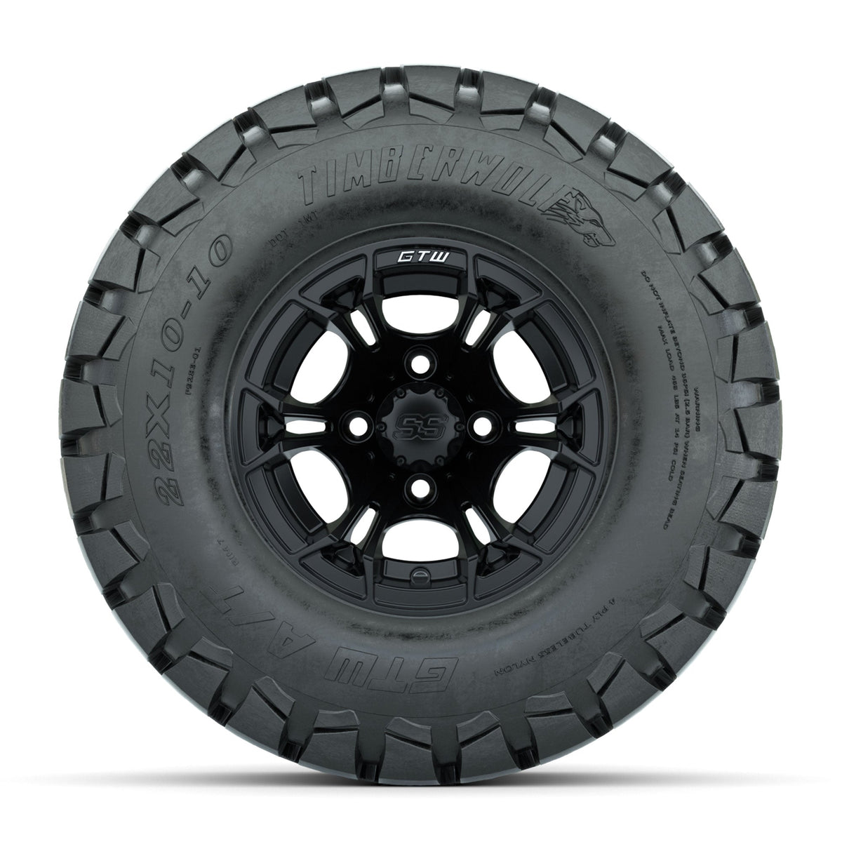 GTW Spyder Matte Black 10 in Wheels with 22x10-10 Timberwolf All Terrain Tires Full Set