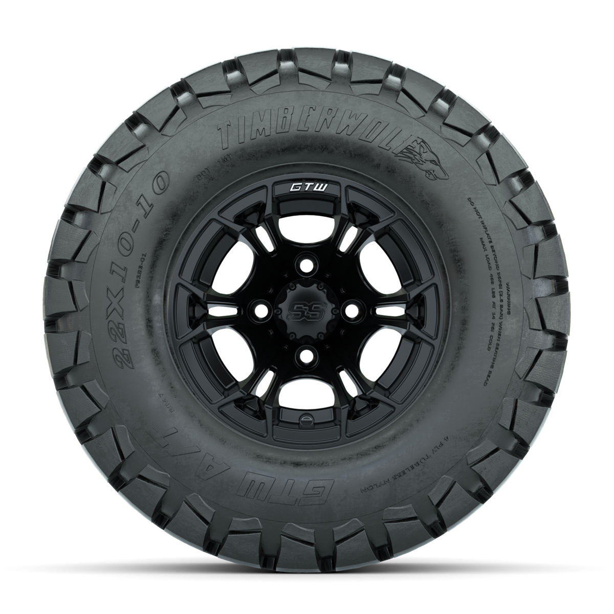 GTW Spyder Matte Black 10 in Wheels with 22x10-10 Timberwolf All Terrain Tires Full Set