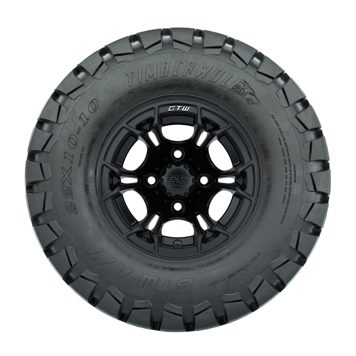 GTW Spyder Matte Black 10 in Wheels with 22x10-10 Timberwolf All Terrain Tires Full Set