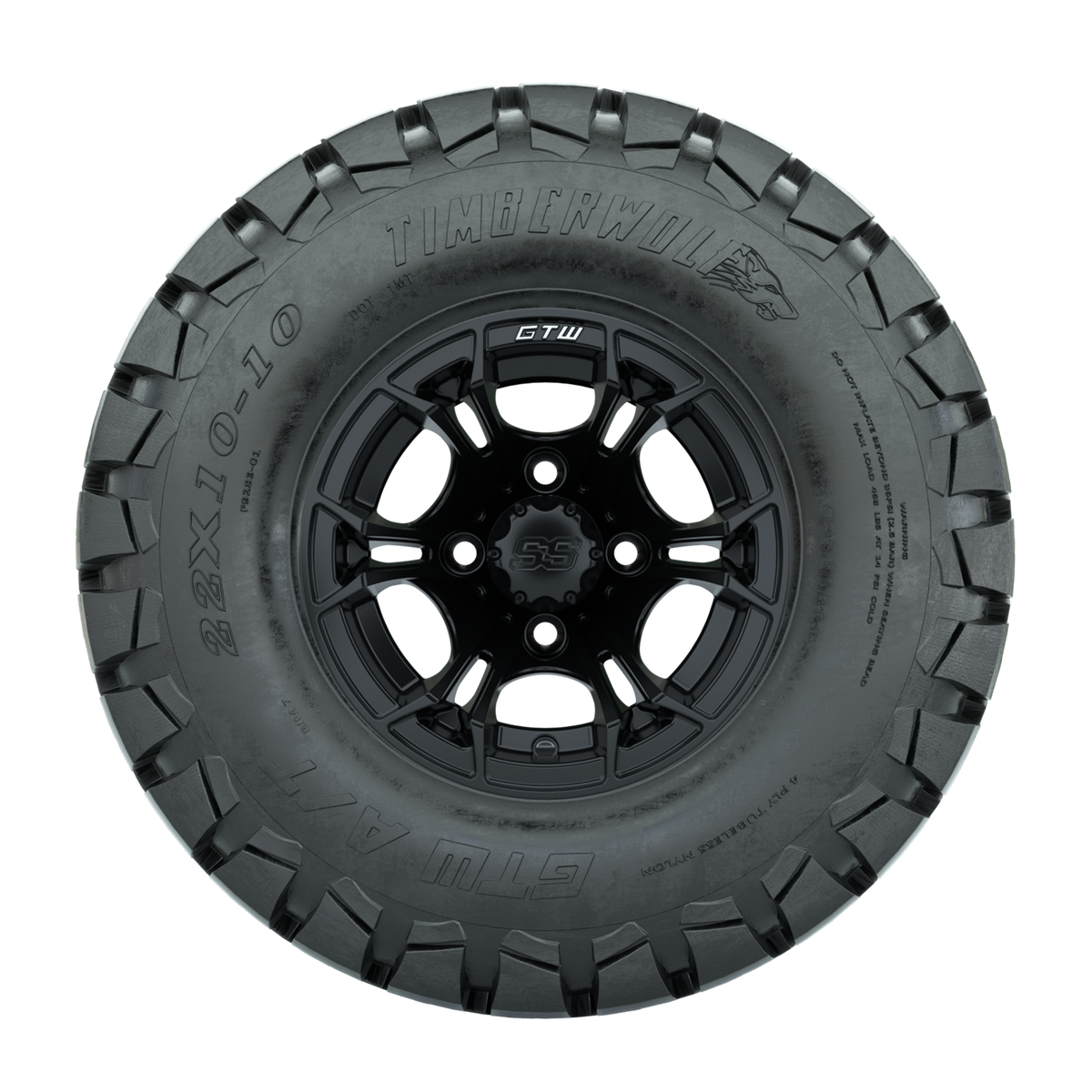 GTW Spyder Matte Black 10 in Wheels with 22x10-10 Timberwolf All Terrain Tires Full Set