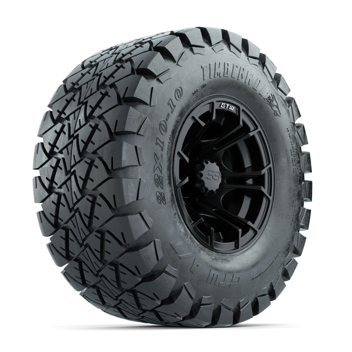 GTW Spyder Matte Black 10 in Wheels with 22x10-10 Timberwolf All Terrain Tires Full Set
