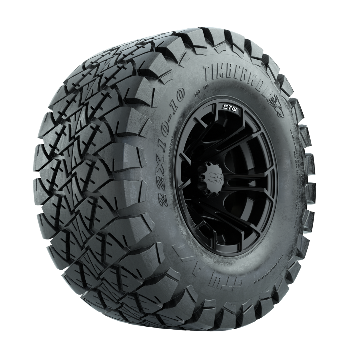 GTW Spyder Matte Black 10 in Wheels with 22x10-10 Timberwolf All Terrain Tires Full Set