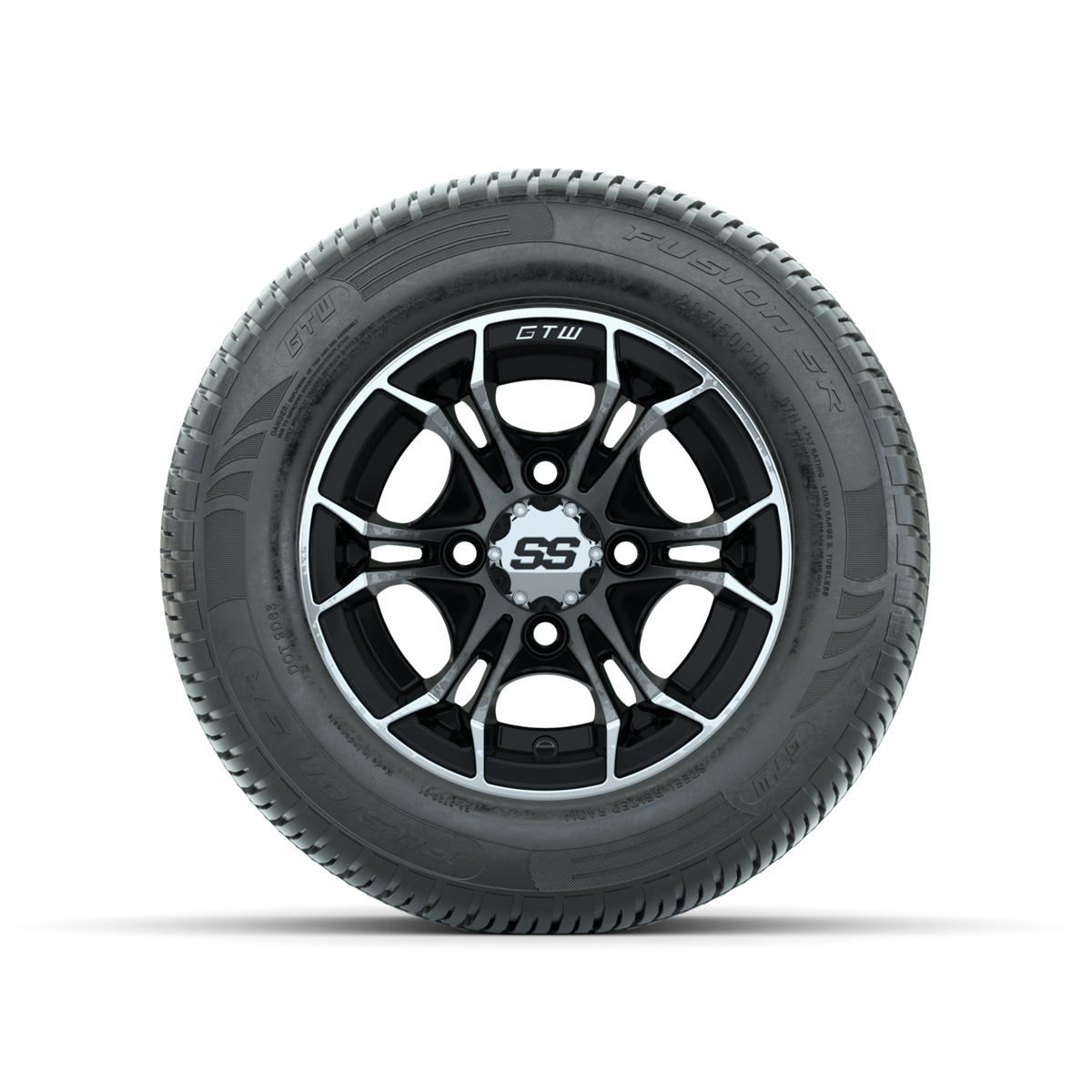 GTW Spyder Machined/Black 10 in Wheels with 205/50-10 Fusion SR Steel Belted Radial Tires Full Set