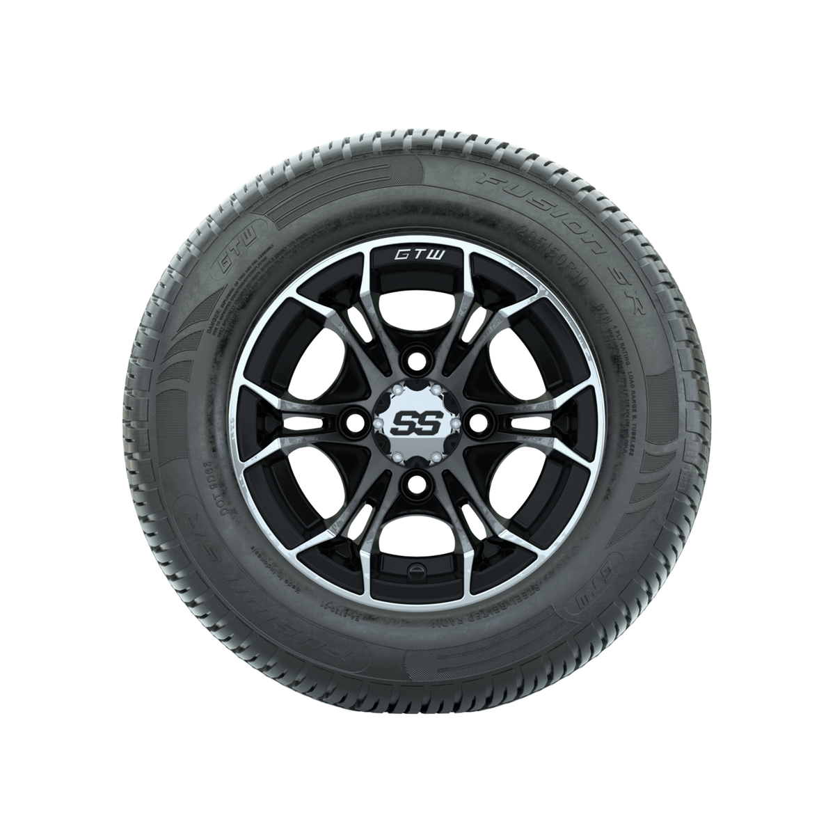 GTW Spyder Machined/Black 10 in Wheels with 205/50-10 Fusion SR Steel Belted Radial Tires Full Set